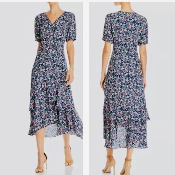 Nanette Lepore Blue Floral V-Neck Skimming Midi Wrap Dress Size 4 - Picture 1 of 13